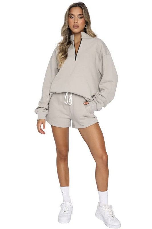 BY CLAUDE TWO PIECE HALF ZIP SWEATSHIRT AND SHORTS LOUNGE SET