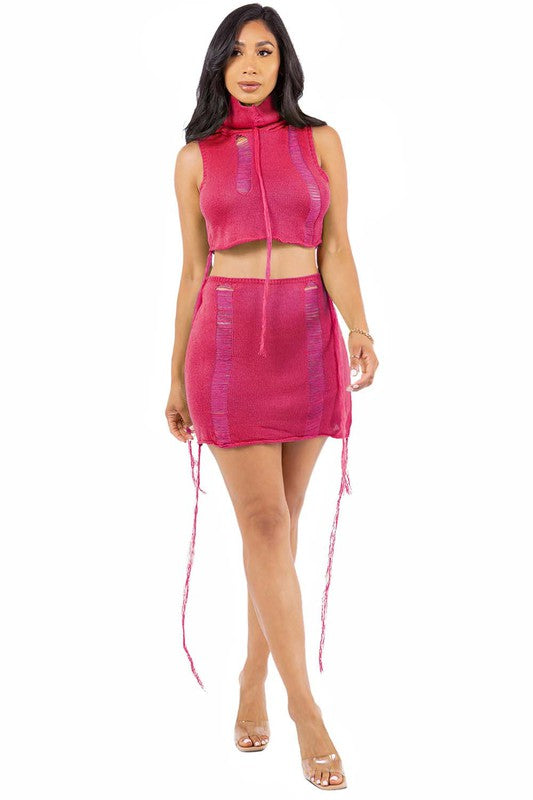 BY CLAUDE CROCHET SLEEVELESS HOODIE CROP TOP AND MINI SKIRT SET IN 2 COLORS