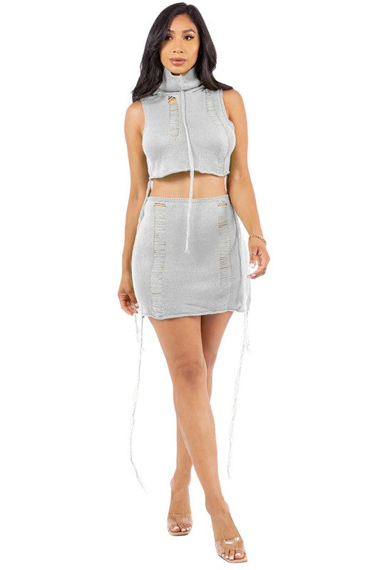 BY CLAUDE CROCHET SLEEVELESS HOODIE CROP TOP AND MINI SKIRT SET IN 2 COLORS