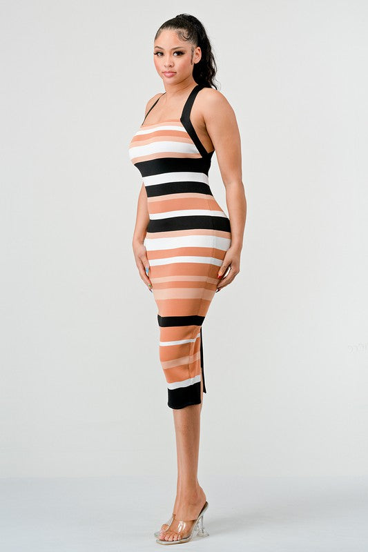 ATHINA Bodycon Striped Bandage Cami Midi Dress