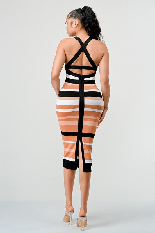 ATHINA Bodycon Striped Bandage Cami Midi Dress