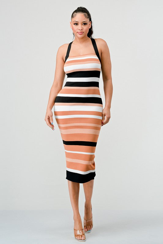 ATHINA Bodycon Striped Bandage Cami Midi Dress