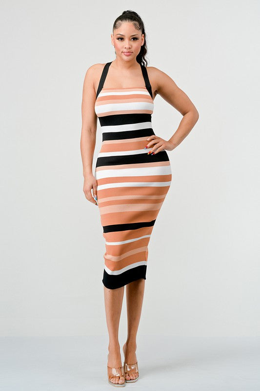 ATHINA Bodycon Striped Bandage Cami Midi Dress