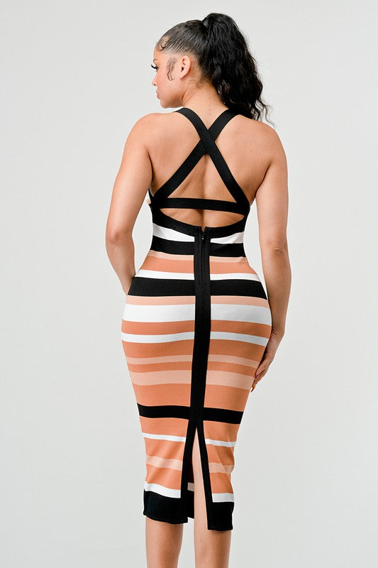 ATHINA Bodycon Striped Bandage Cami Midi Dress