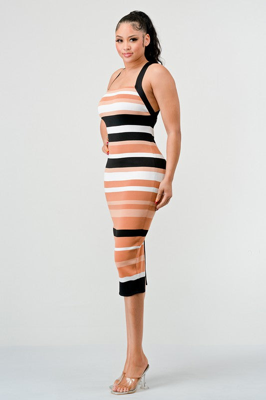 ATHINA Bodycon Striped Bandage Cami Midi Dress