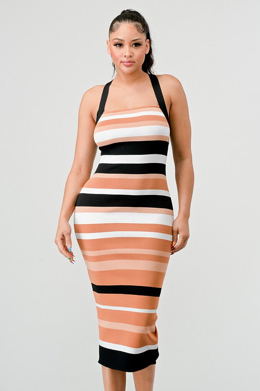 ATHINA Bodycon Striped Bandage Cami Midi Dress