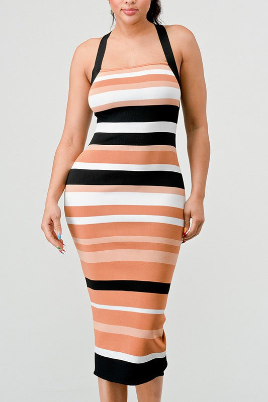 ATHINA Bodycon Striped Bandage Cami Midi Dress