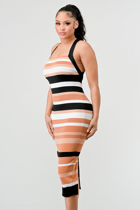 ATHINA Bodycon Striped Bandage Cami Midi Dress