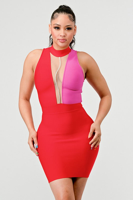 ATHINA TWO TONE CONTRAST MINI BANDAGE DRESS