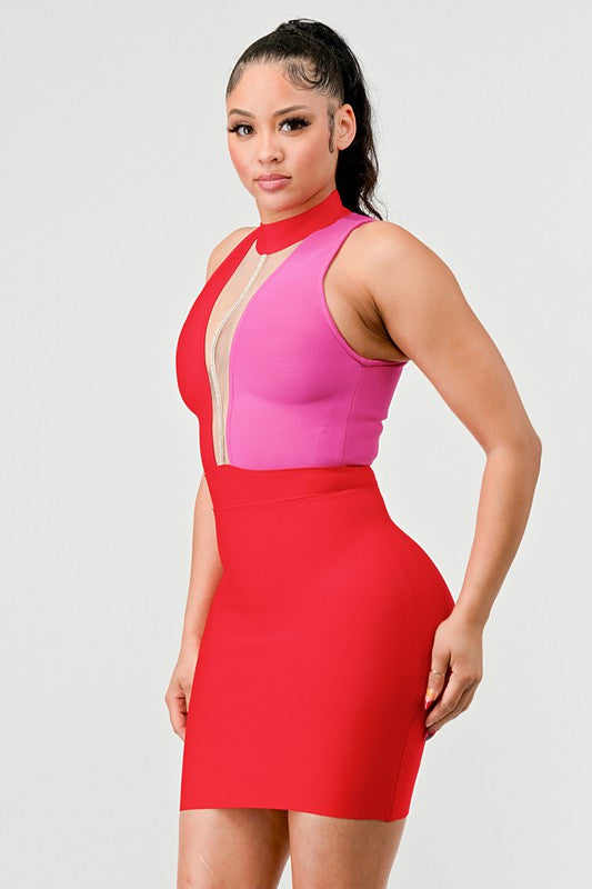 ATHINA TWO TONE CONTRAST MINI BANDAGE DRESS