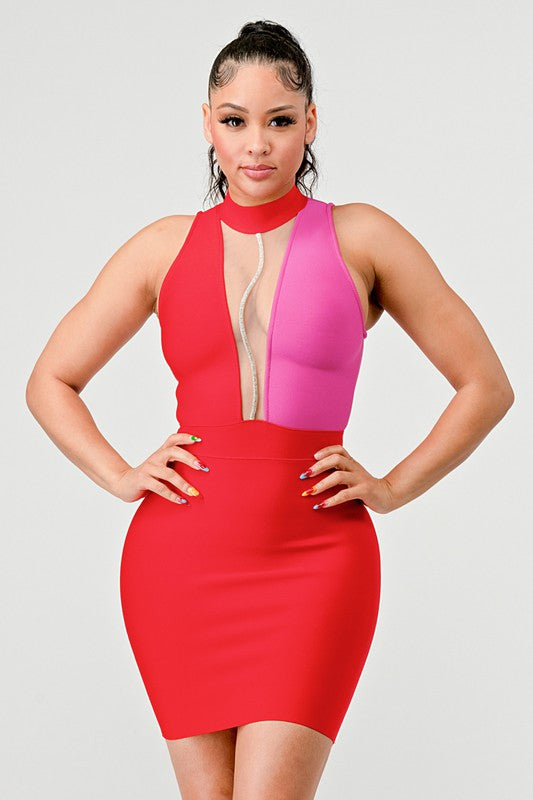 ATHINA TWO TONE CONTRAST MINI BANDAGE DRESS