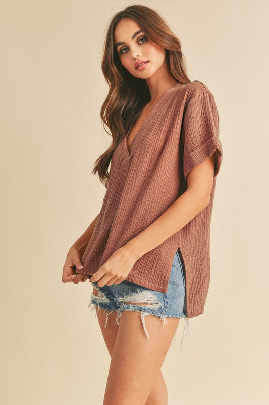 Aemi + Co Trudie Top Cotton Gauze V-Neck Short Sleeve in 7 Colors