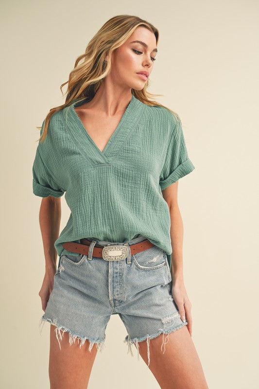 Aemi + Co Trudie Top Cotton Gauze V-Neck Short Sleeve in 7 Colors