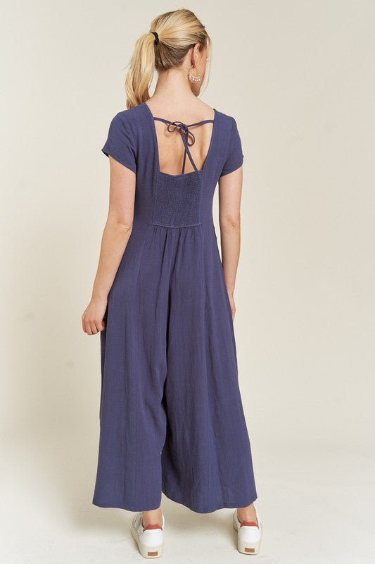 Jade by Jane Linen Button-Down Wide Leg Jumpsuit in Navy and Mustard