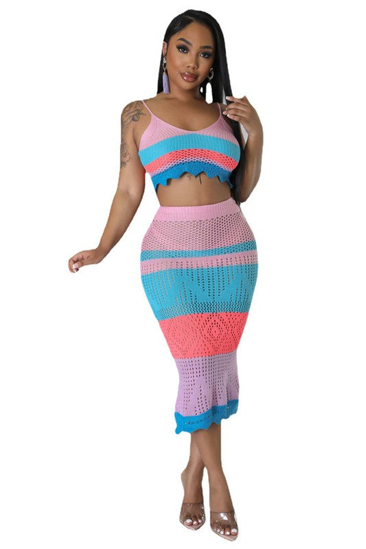 BY CLAUDE CROCHET CROP CAMI TOP AND MIDI SKIRT SET