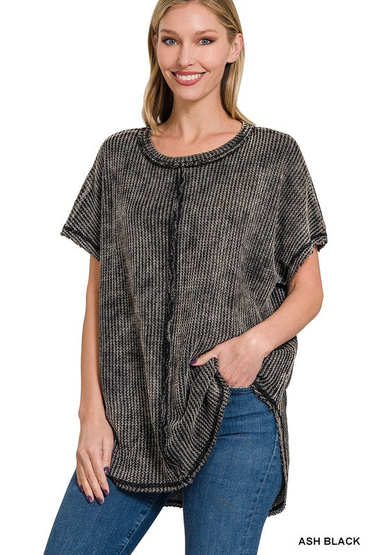 Zenana Washed Waffle-Knit Short Sleeve Tunic Top