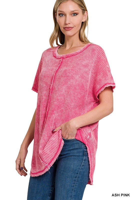 Zenana Washed Waffle-Knit Short Sleeve Tunic Top