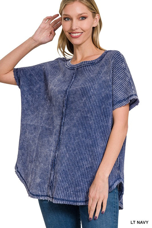 Zenana Color Wash Waffle-Knit Exposed Seam Short Sleeve Round Tunic Top in 4 Colors