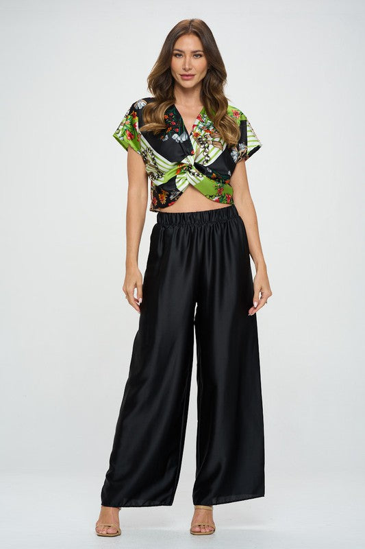 Renee C Satin Print Short Sleeve Crop Top with Front Twist