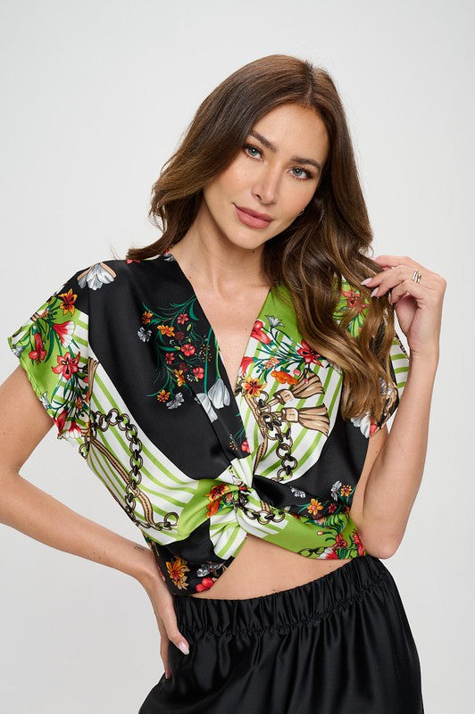 Renee C Satin Print Short Sleeve Crop Top with Front Twist