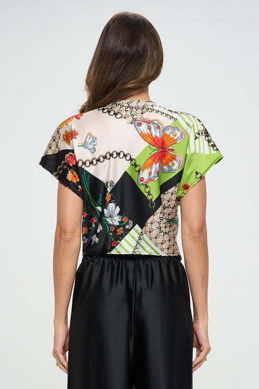 Renee C Satin Print Short Sleeve Crop Top with Front Twist