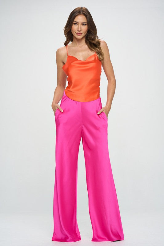 Stretch Satin Pants w/ Elastic Waist and Pockets