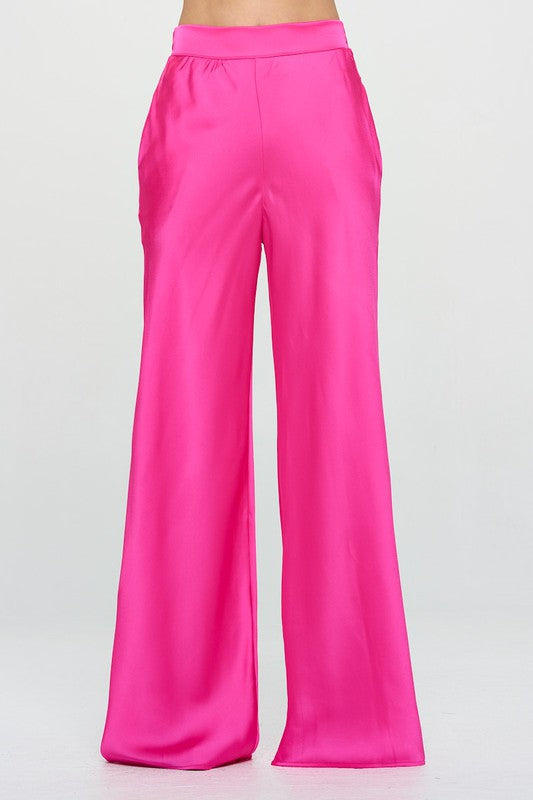 Stretch Satin Pants w/ Elastic Waist and Pockets