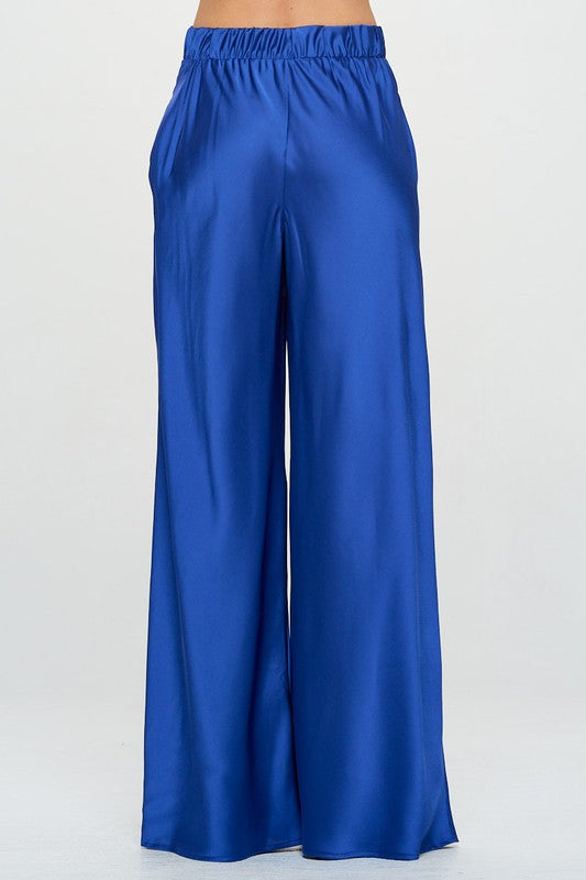 Renee C Stretch Satin Pants w/ Elastic Waist and Pockets