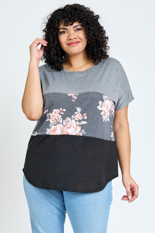 Plus Floral Color Block Top