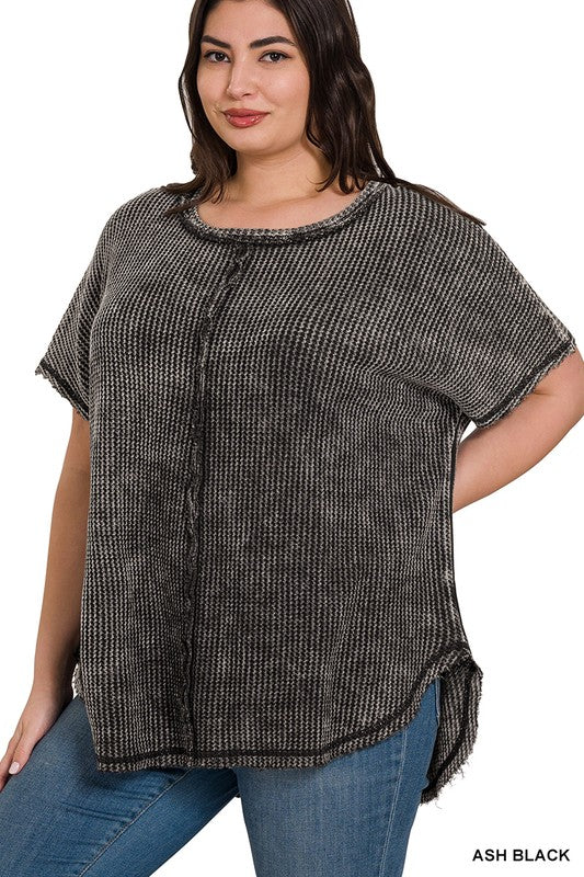 Zenana Plus Size Washed Baby Waffle-Knit Short Sleeve Top