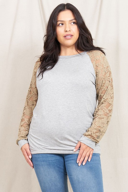 EG Fashion Plus Size Lace Sleeve Raglan Long Sleeve T-Shirt