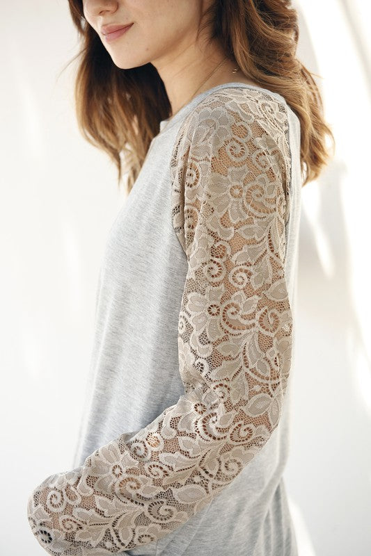 EG Fashion Plus Size Lace Sleeve Raglan Long Sleeve T-Shirt