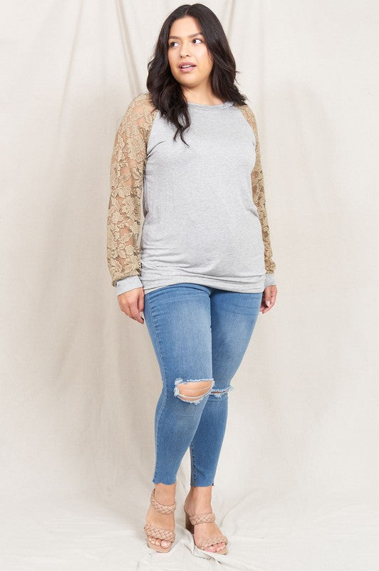 EG Fashion Plus Size Lace Sleeve Raglan Long Sleeve T-Shirt