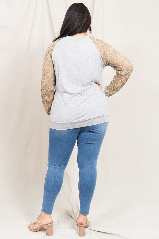 EG Fashion Plus Size Lace Sleeve Raglan Long Sleeve T-Shirt