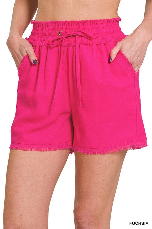 Zenana Linen Raw Hem Drawstring Shorts with Pockets - 6 Colors