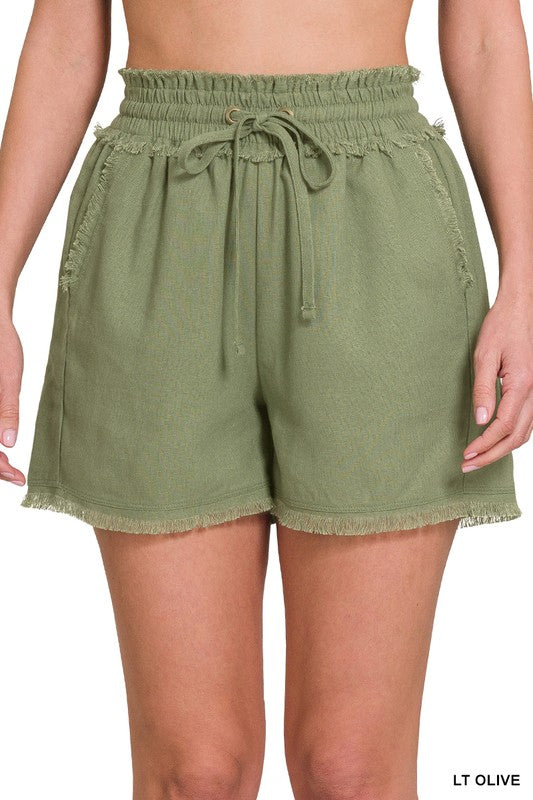 Zenana Linen Raw Hem Drawstring Shorts with Pockets - 6 Colors