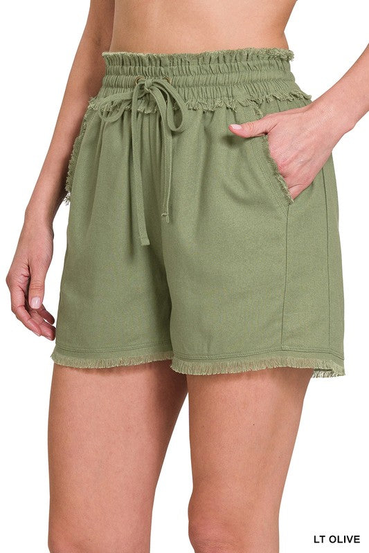 Zenana Linen Raw Hem Drawstring Shorts with Pockets - 6 Colors