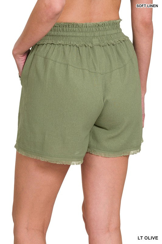 Zenana Linen Raw Hem Drawstring Shorts with Pockets - 6 Colors