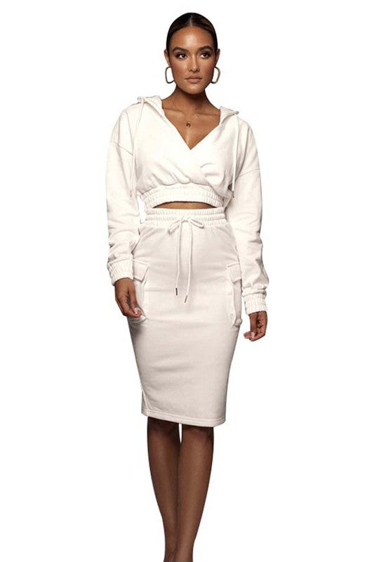 BY CLAUDE LONG SLEEVE HOODED TOP & MIDI SKIRT DRESS SET