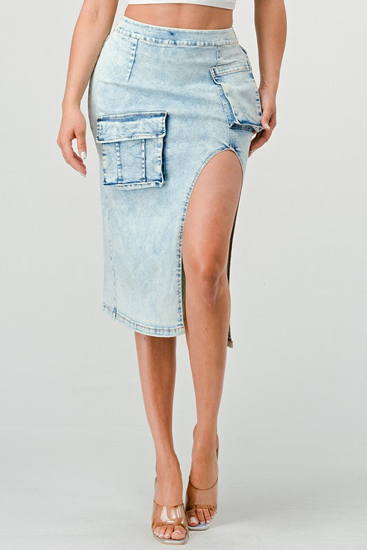 ATHINA CASUAL WASHED SLIT DENIM CARGO MIDI SKIRT