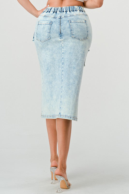 ATHINA CASUAL WASHED SLIT DENIM CARGO MIDI SKIRT