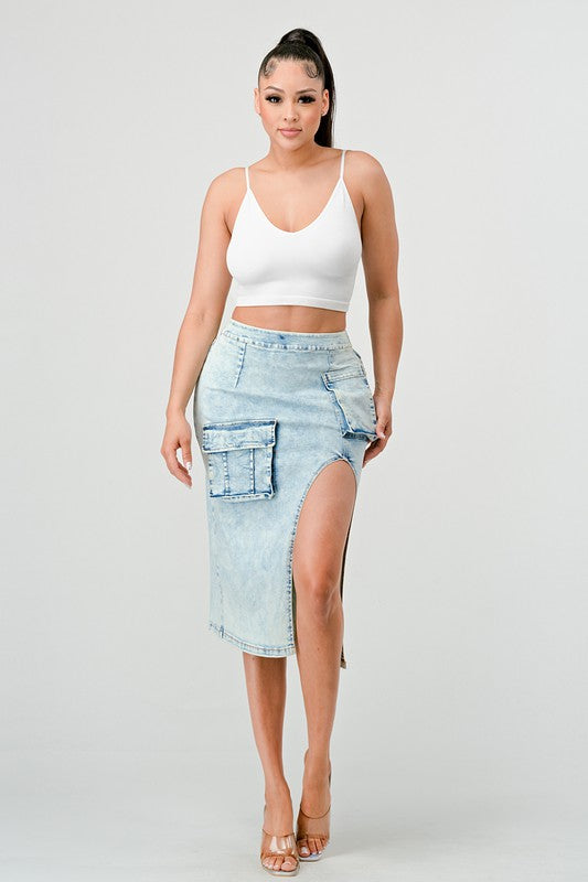 ATHINA CASUAL WASHED SLIT DENIM CARGO MIDI SKIRT