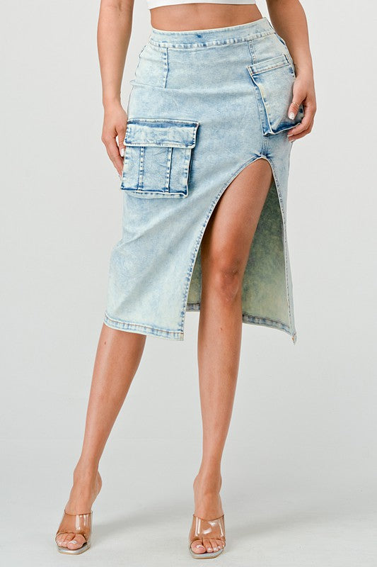 ATHINA CASUAL WASHED SLIT DENIM CARGO MIDI SKIRT