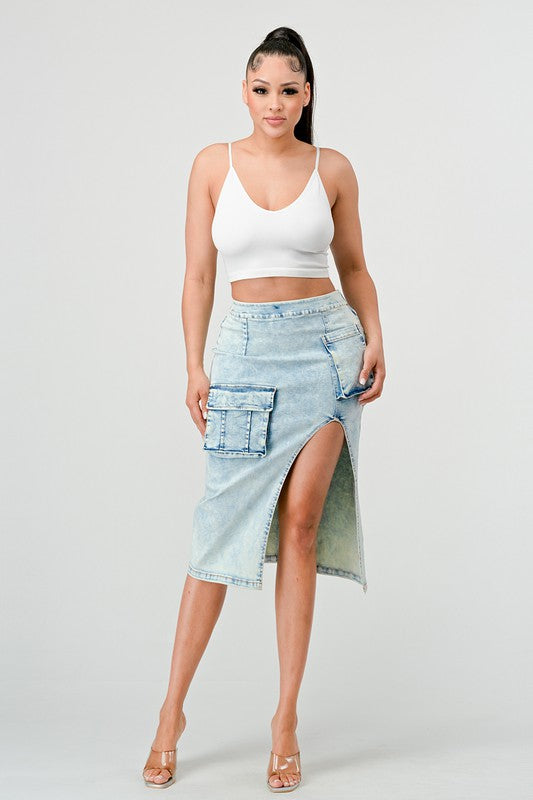 ATHINA CASUAL WASHED SLIT DENIM CARGO MIDI SKIRT