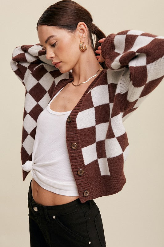 Listicle Checkered Cropped V-Neck Cardigan Sweater in 3 Colors