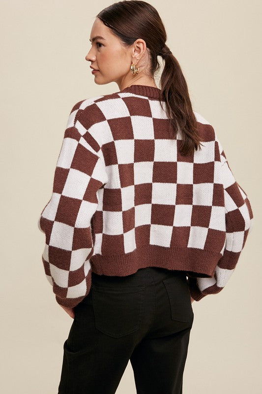 Listicle Checkered Cropped V-Neck Cardigan Sweater in 3 Colors