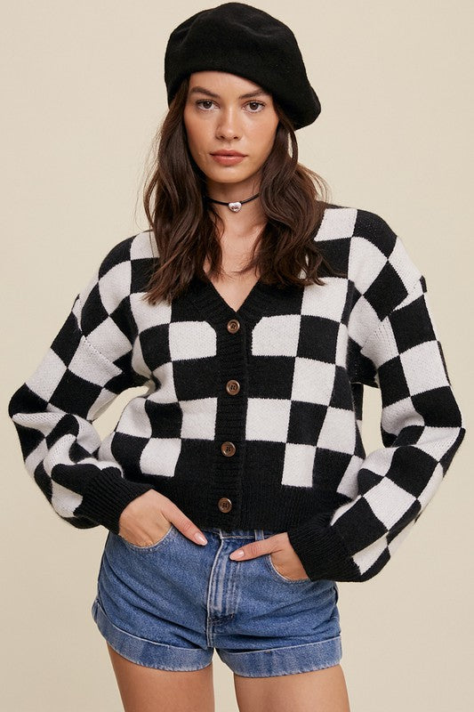 Listicle Checkered Cropped V-Neck Cardigan Sweater in 3 Colors