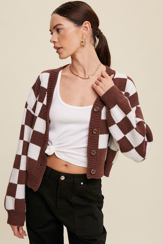 Listicle Checkered Cropped V-Neck Cardigan Sweater in 3 Colors