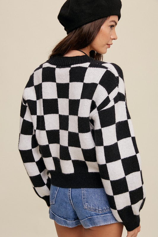 Listicle Checkered Cropped V-Neck Cardigan Sweater in 3 Colors