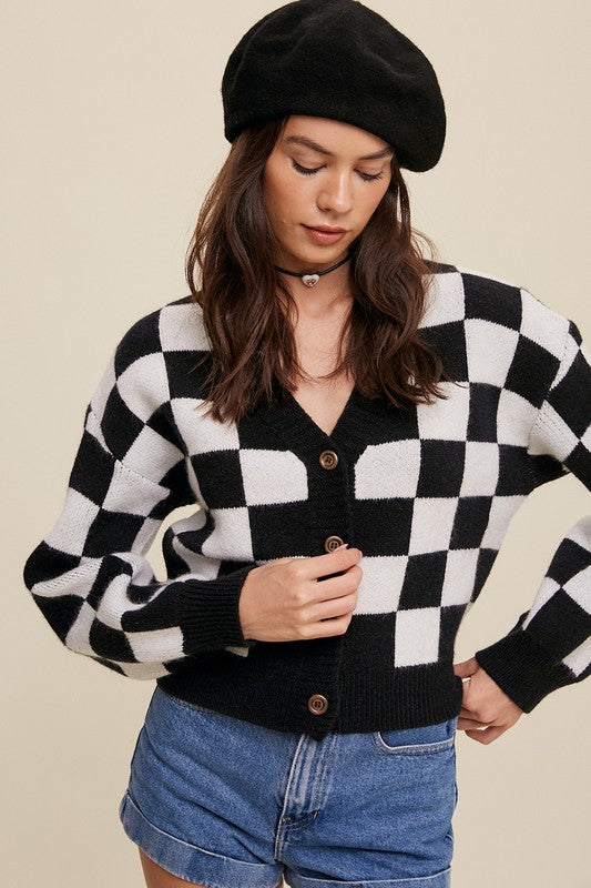 Listicle Checkered Cropped V-Neck Cardigan Sweater in 3 Colors